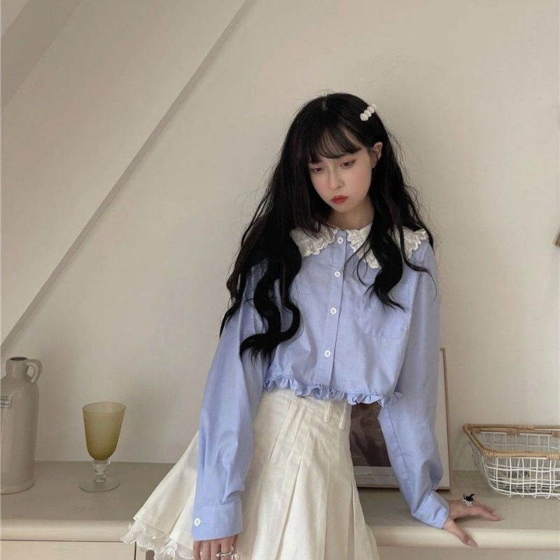 HOUZHOU Kawaii White Shirt Women Ruffle Lace Patchwork Lolita Blouse Sweet Preppy Style Tops Blue Peter Pan Collar Long Sleeve