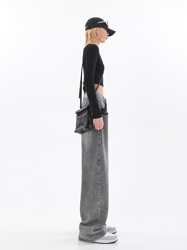 2022ผู้หญิงกระโปรง Baggy กางเกงยีนส์สีเทา Harajuku Y2K คลาสสิก Denim กางเกงสูงเอวกางเกงยาวขากว้าง Streetwear Basic ตรง ...