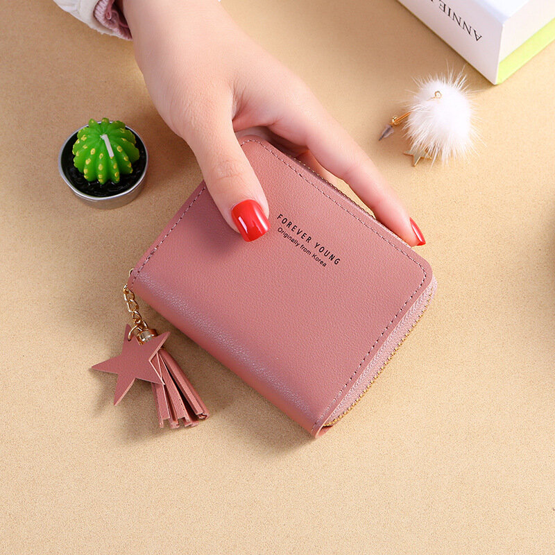 Portfel nowy koreański styl prosty kwadratowy portfel damski krótki mały portfel z zamkiem błyskawicznym Tassel Mini portmonetka kobiecy uchwyt na kartę