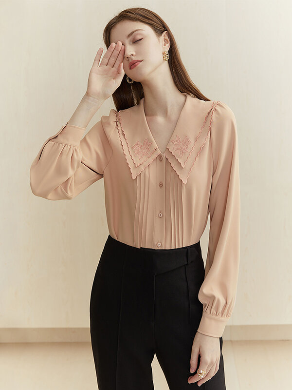 FSLE Embroidery Floral Chiffon Blouse Shirt Women Double Layer Pleated Vintage Blouse Casual Streetwear Black Top Female