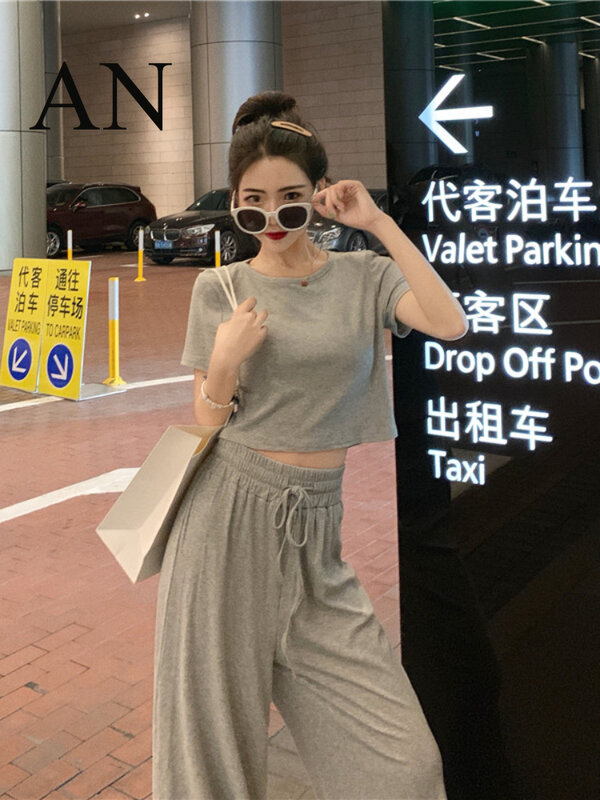 NewSolid Color Slim Short Belly Button Short Sleeve T-shirt Female+elastic High Waist Wide Leg Pants Casual Pants Two-piece Suit