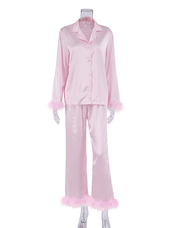 Hiloc-Conjunto de pijama de plumas de retales para mujer, ropa de dormir con cuello vuelto de satén negro, color blanco