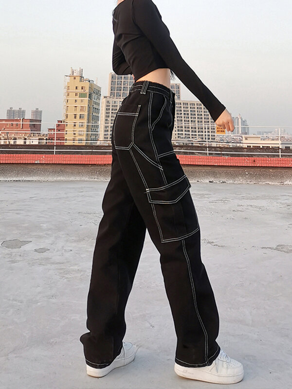 Weehold celana kargo tambal sulam wanita, celana Denim kargo longgar gaya Korea musim gugur musim dingin 100% katun untuk wanita