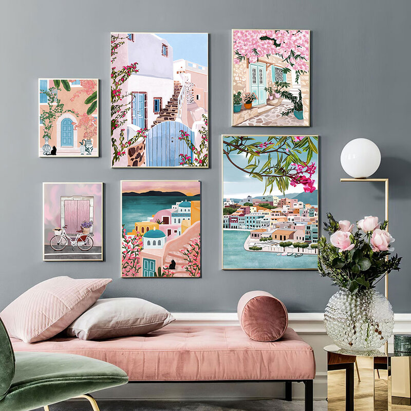 Affiche de voyage nordique grèce, toile de peinture Marine, Art botanique Floral imprimé, peinture murale moderne de plage, décor de maison