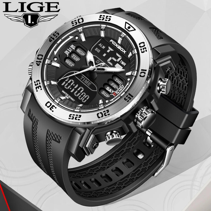 Часы наручные LIGE мужские с двойным дисплеем, брендовые аналоговые цифровые светодиодные электронные Кварцевые водонепроницаемые, в стиле ...