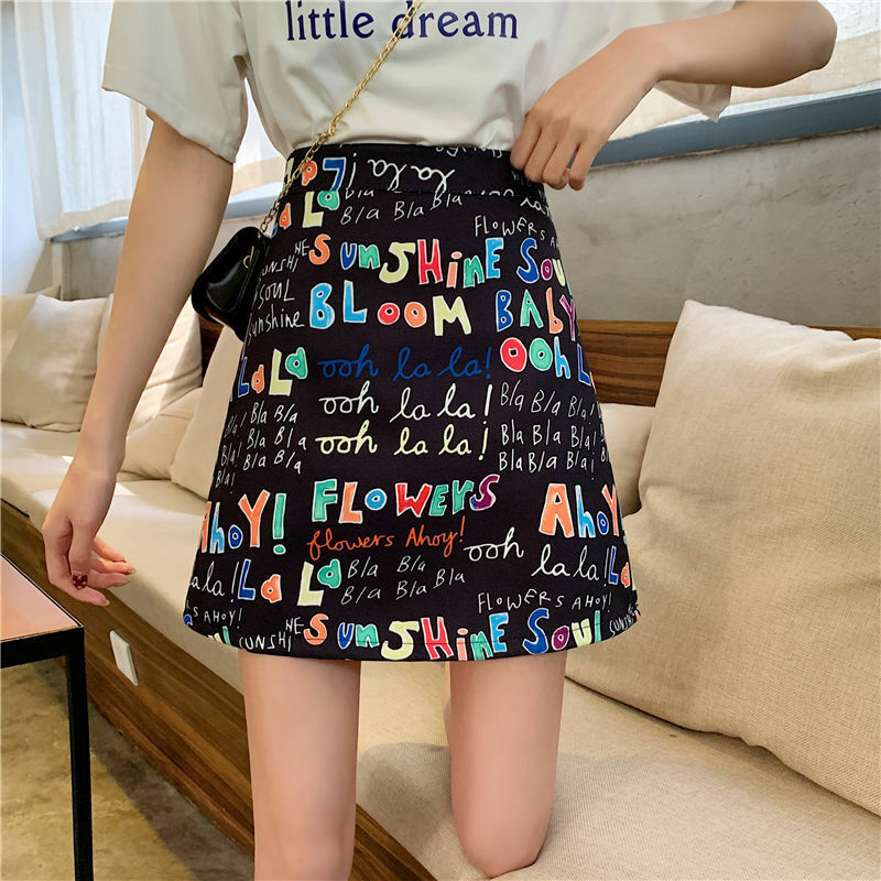 2021 lato kobiety moda spódnica linii słodkie i słodkie wysokiej talii Cartton list Graffiti koreański styl casual Kawaii krótka spódniczka