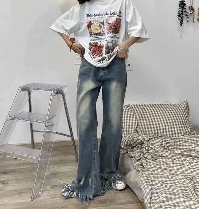 Harajuku Y2K tassel torn jeans women's high waist loose straight pants look thin old wide leg pants free personality jeans