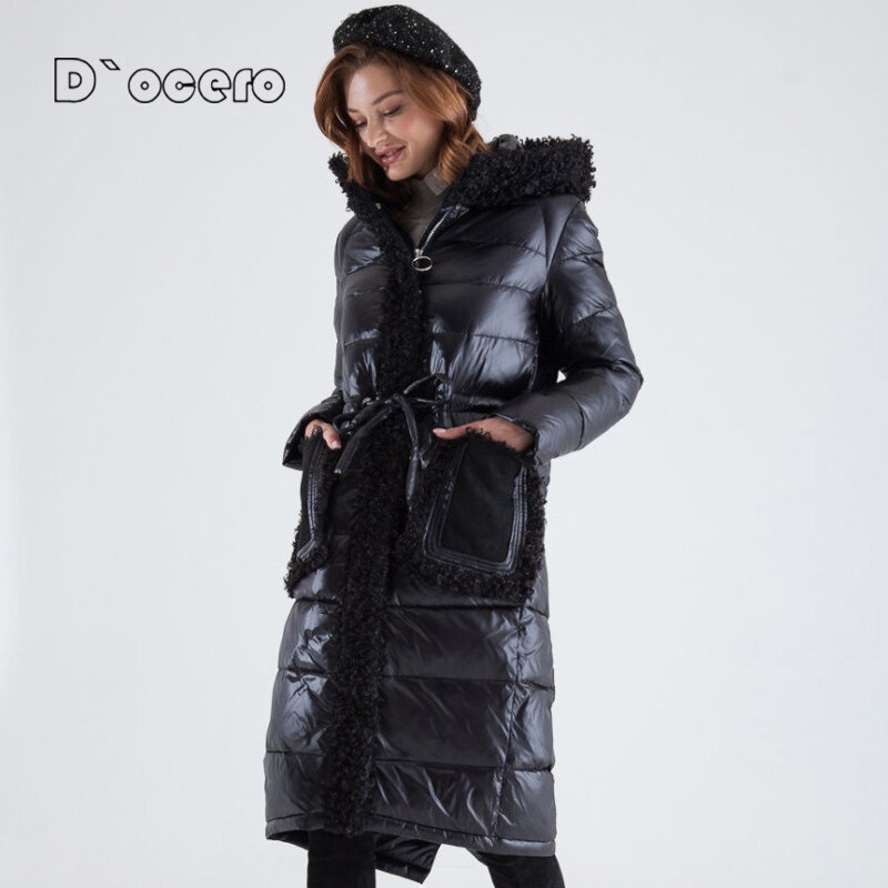 D'OCERO-Chaqueta larga acolchada con cinturón para mujer, Parkas de piel sintética, abrigo grueso de algodón con capucha, a la moda ropa de abrigo, invierno, 2022