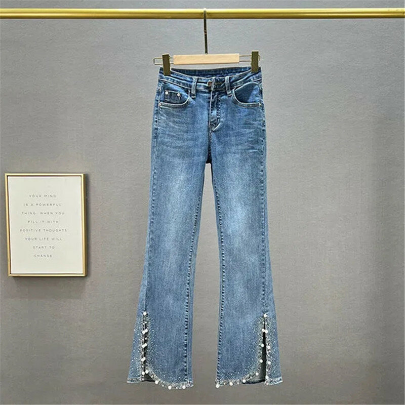 2022 outono nova moda coreana frisado calças de brim das mulheres streetwear cintura alta emagrecimento quente strass dividir calças jeans senhoras