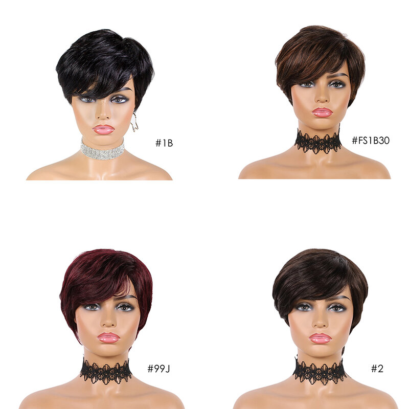 Pelucas de cabello humano brasileño Remy para mujeres negras, Pelo Corto sin pegamento, corte Pixie recto, hecho a máquina, Color resaltado, barato