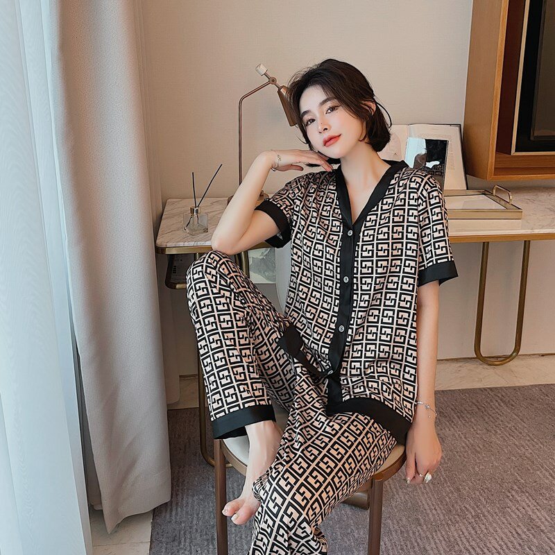 พิมพ์ตัวอักษรชุดนอนชุดผู้หญิง Loungewear ซาติน2PCS PJS ชุด Intimate ชุดชั้นในสตรี Faux Silk ชุดนอน Homewear นุ่มชุดนอน