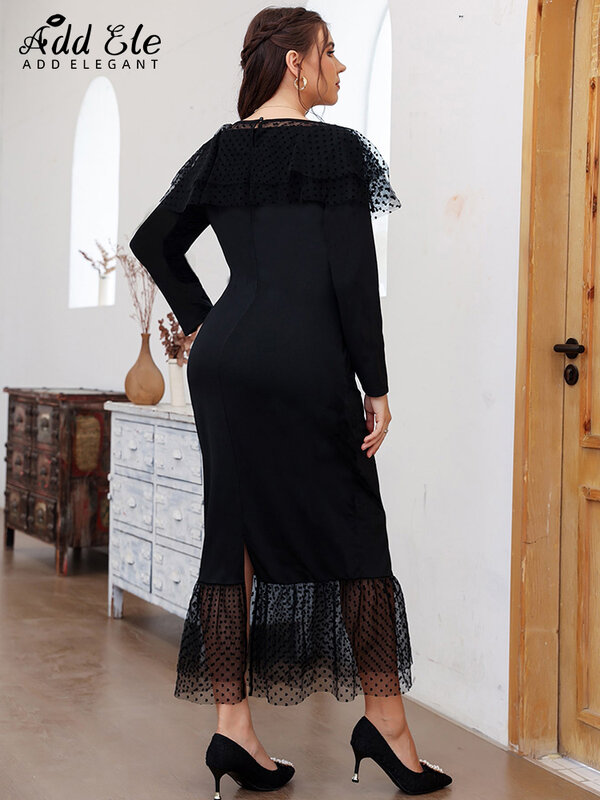 Dodaj elegancki Plus rozmiar ołówkowa sukienka Bodycon kobiety 2022 jesień O-Neck wysokiej talii z długim rękawem stylowa kropka gaza projekt odzież B634