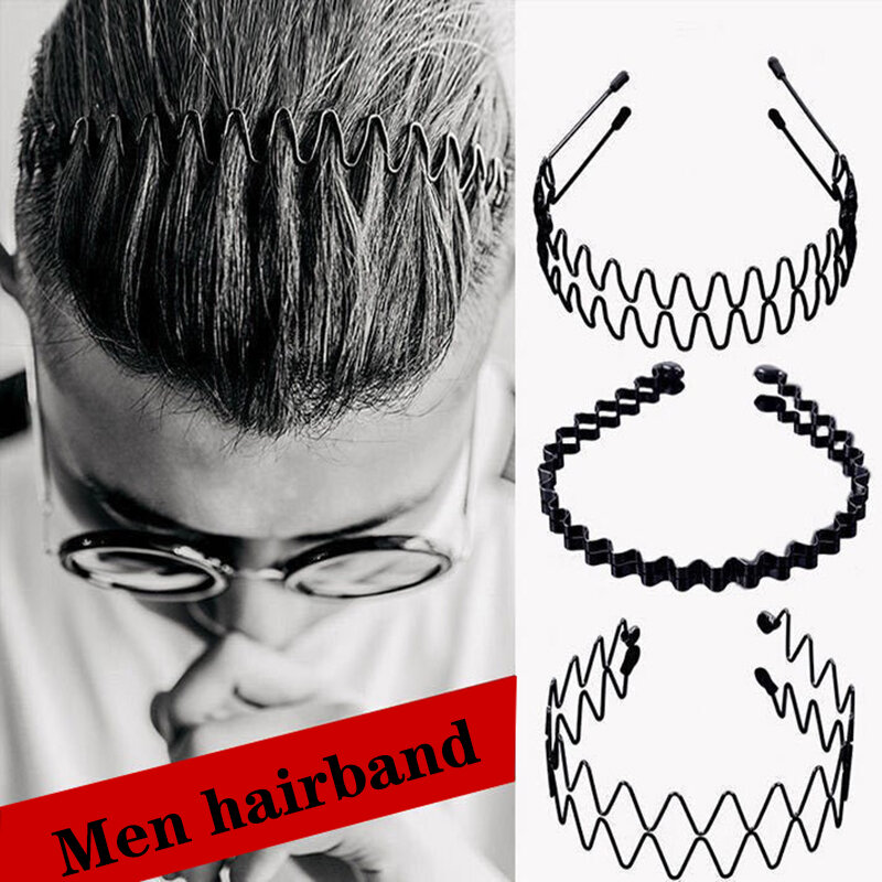 1/6PCS Fashion Black Metal Waved Style Sports Hairband Solid Color Men Women Unisex Hair Band Casual Adult Headwear for Boy