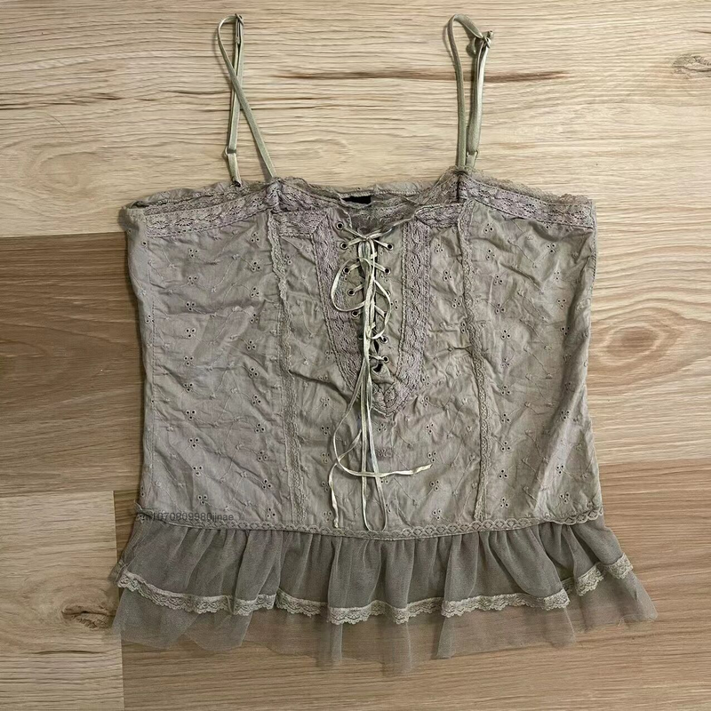 Vintage Fashion seksowny koronkowy Patchwork pończoch kamizelka kobiety lato Harajuku Streetwear Y2k dziewczyna szczupła cienka Casual Top typu Crop Tank Vest