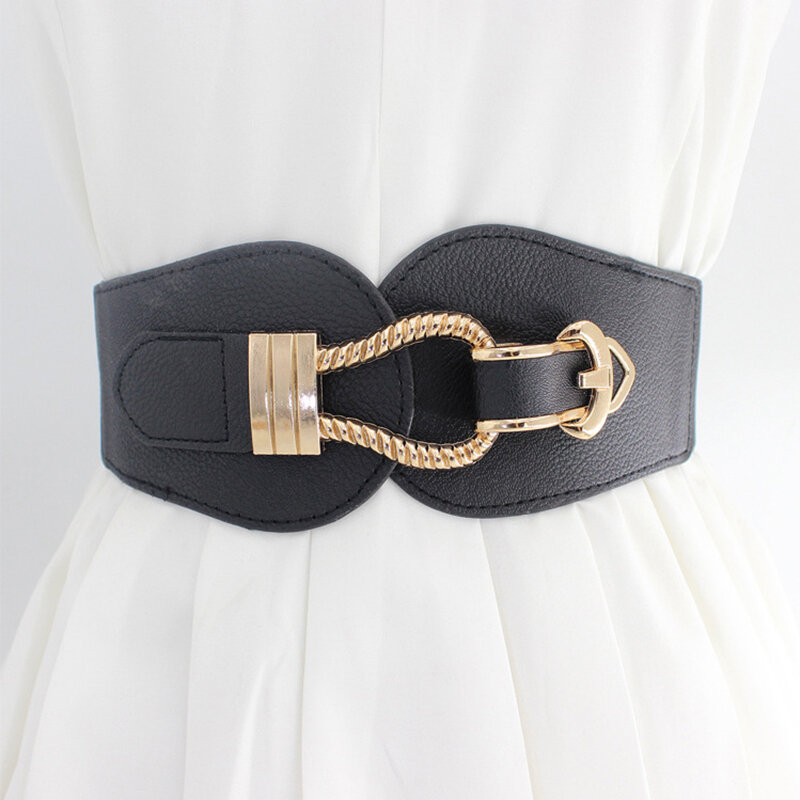 Women Fashion Wide Waistband Luxury Big Buckle PU Leather Cummerbunds for Ladies Dress Sweater Stretchy Belts Elastic Waist Belt