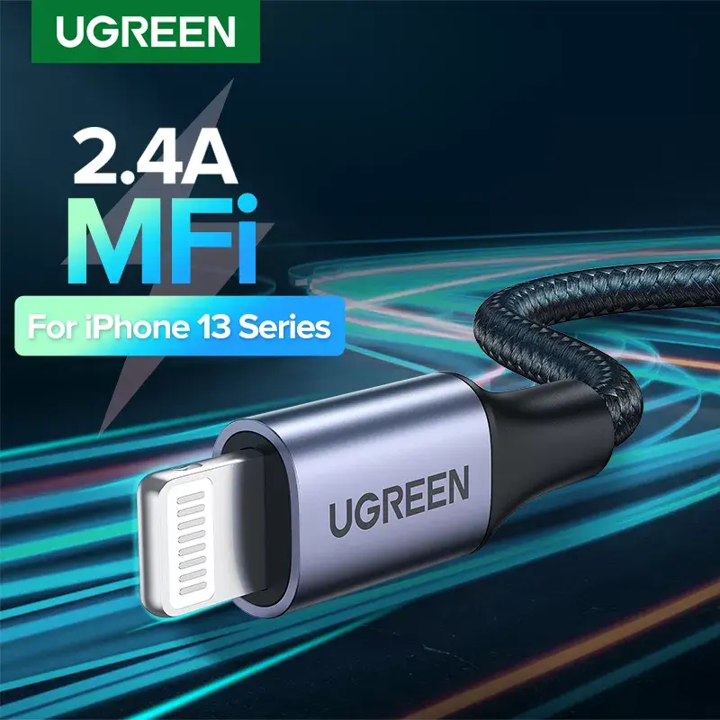 Kabel USB MFi U-hijau untuk iPhone 13 12 Pro Max X XR 11 2,4 A Kabel Lightning Pengisi Daya Cepat Kabel Data USB Kabel Pengisi Daya Telepon