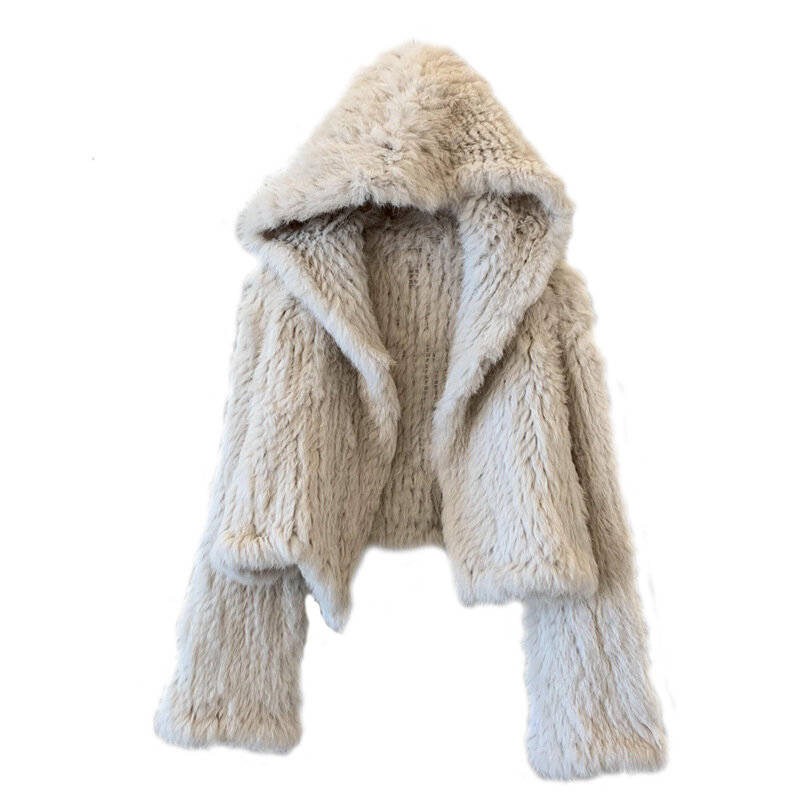 Veste d'hiver de luxe pour femme, manteau en vraie fourrure de lapin écologique, fait à la main, capuche, manteau en fourrure naturelle, veste courte, 2022