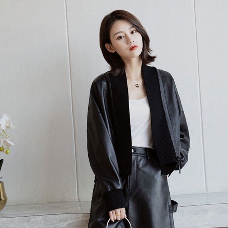 Novo outono novas jaquetas de couro genuíno de mulher de cintura curta com decote em estilo v coreano senhora do casual elegante moda