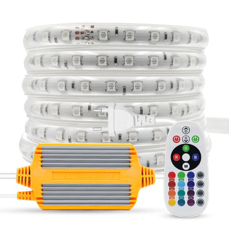 Tira de luces LED RGB de 220V y 5050 con Control remoto, cinta LED Flexible de 60Leds/m, cinta LED impermeable para exteriores, para decoración del hogar