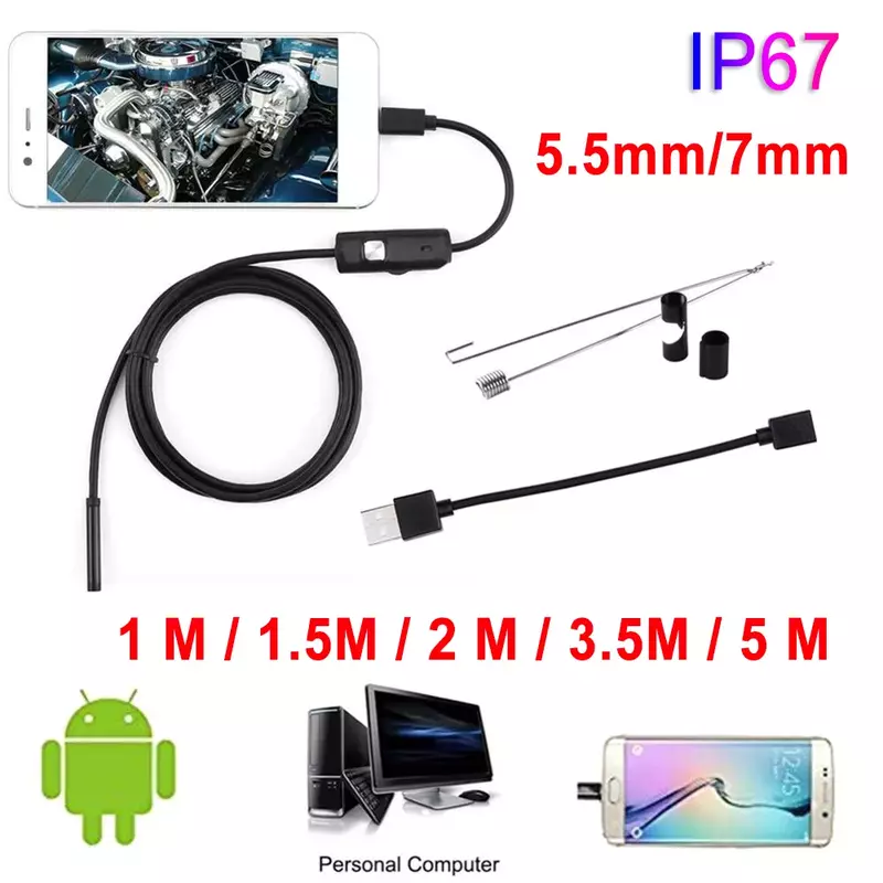 Flexible 5.5mm 7mm Endoscope Camera 1M/1.5M/2M/3.5M/5M IP67 Waterproof Inspection Borescope Camera For Android 6 LEDs Adjustable