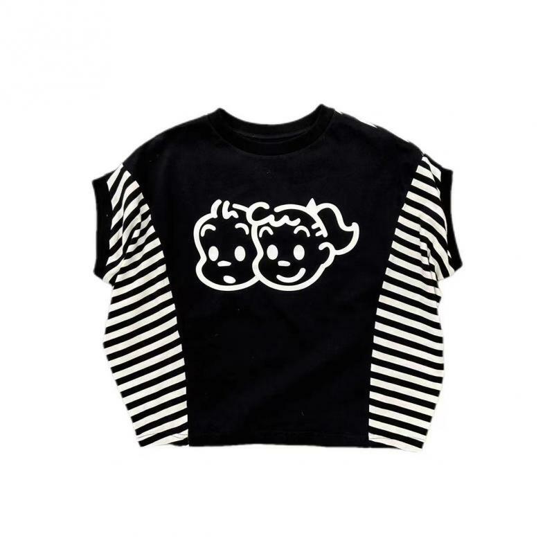 Osamu Goods Cute Summer Boys and Girls Big Head Doll Stripe Patch Loose Shoulder Short Sleeve T-Shirt Simple Versatile T-Shirt
