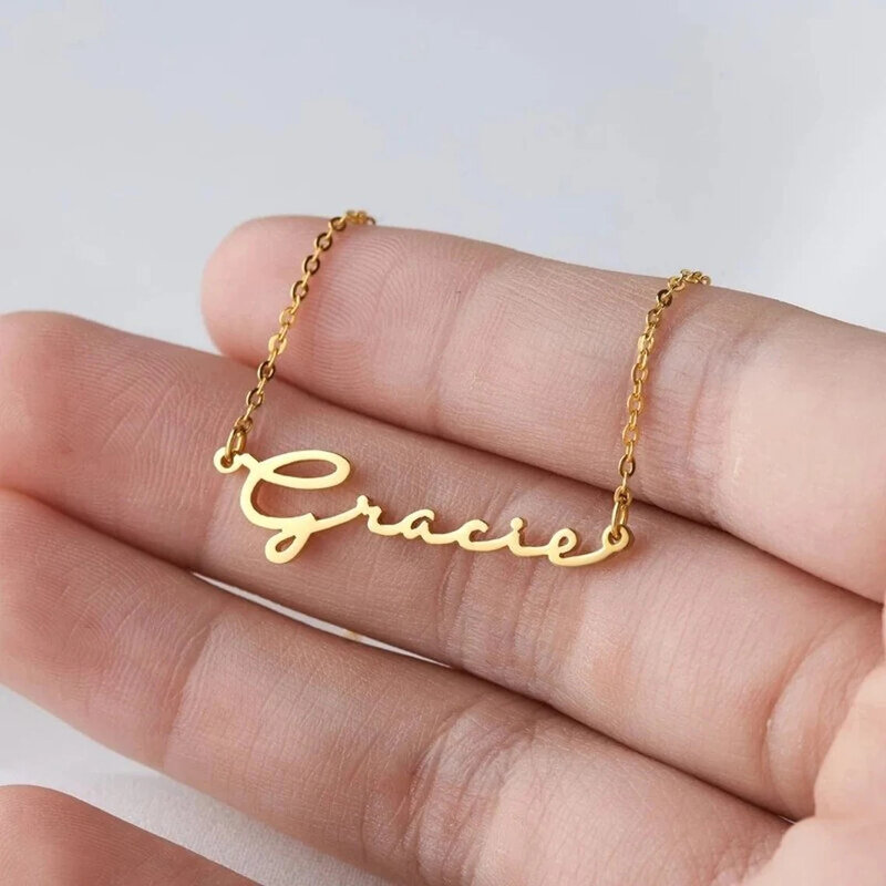 Personalized Custom Handwritten Name Necklace Women Stainless Steel Signature Letter Nameplate Necklace Cursive Alphabet Jewelry