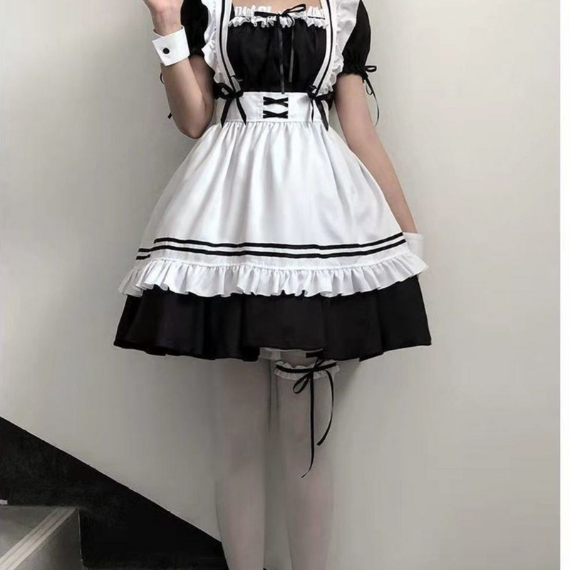 Avental preto e branco para mulheres, fantasia de empregada, vestido de lolita, fofo, anime, preto e branco, cosplay, vestidos masculinos, uniforme, café