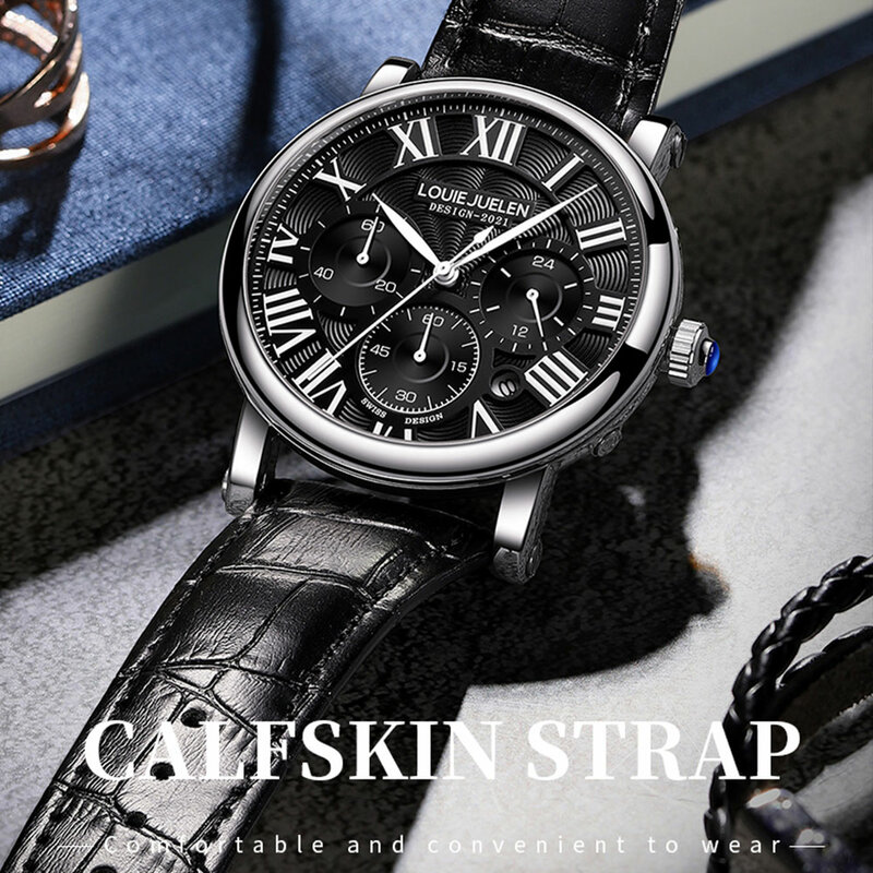 Belushi – Montre-bracelet en cuir pour hommes, classique, Chronographe, à Quartz, de luxe