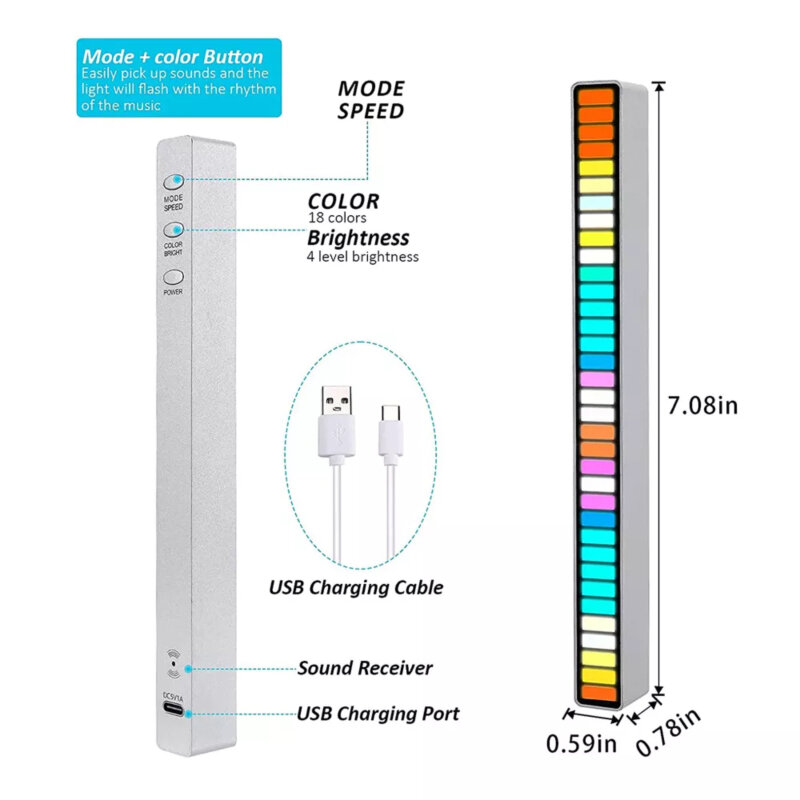 الملونة نوع C قابلة للشحن المحيطة LED مصباح التحكم الصوتي قطاع الخفيفة إيقاع الاعتراف ضوء بار RGB التحكم الصوتي مصباح ليد