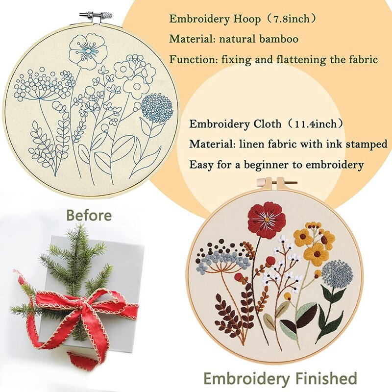 4 Pack Needlepoint Kits,2 Wooden Embroidery Hoops Flower Embroidery Kit With Pattern And Instructions