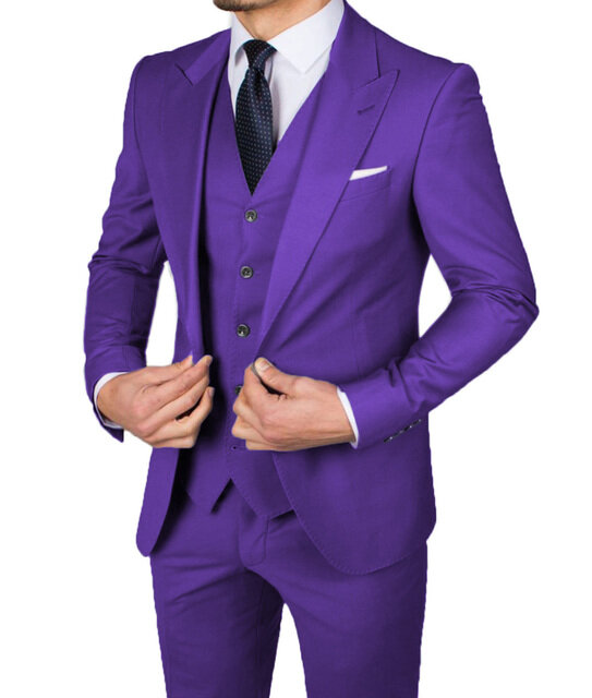 Blazer ajustado para hombre, traje de 3 piezas con solapa de pico ancho, color morado, azul marino y gris, para novio y boda, 10 colores