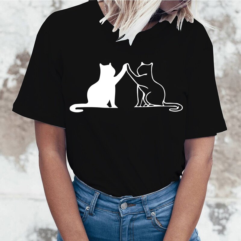 Camisetas de gato lindo para mujer, camiseta de verano para mujer, camisetas informales de manga corta con cuello redondo, ropa para mujer