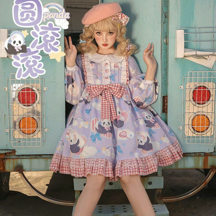 Lolita OP vestido doce para mulheres, Cartoon Panda Print, Vestidos de princesa fofos, Bowknot Kawaii, Manga comprida para festa feminina