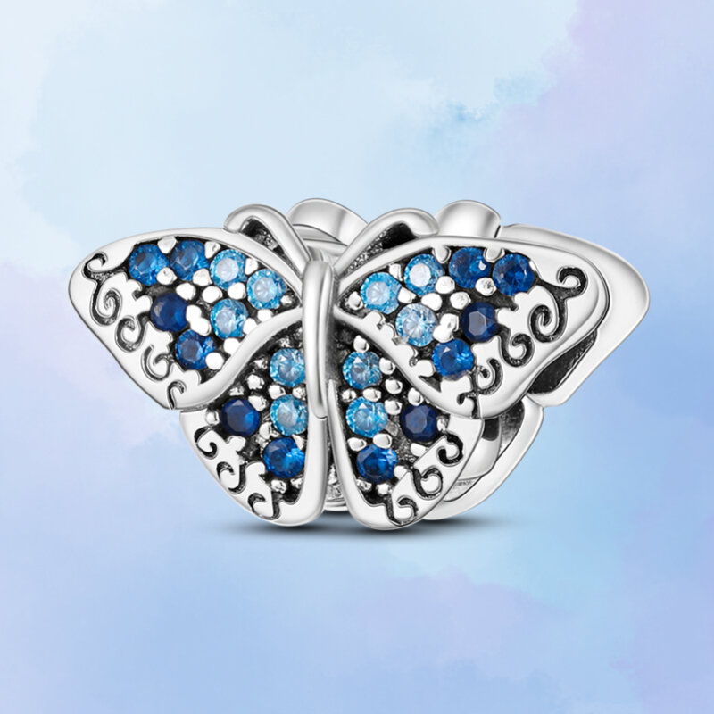 Echtes 925 Sterling Silber Blau Kristall Schmetterling Perlen Fit Original 925 Pandora Armband Charme Für Frauen Mode Schmuck Geschenk