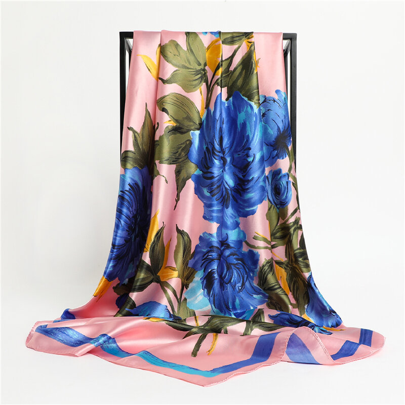 Женский атласный шейный платок с цветочным принтом, 90 см