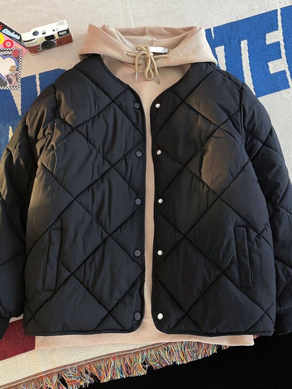 Harajuku Jacke Herbst Winter 2022 Baumwolle Pad Übergroßen Parkas Drehen Unten Kragen Mantel Frauen Taste Up Puffer Jacke Lose Outwear