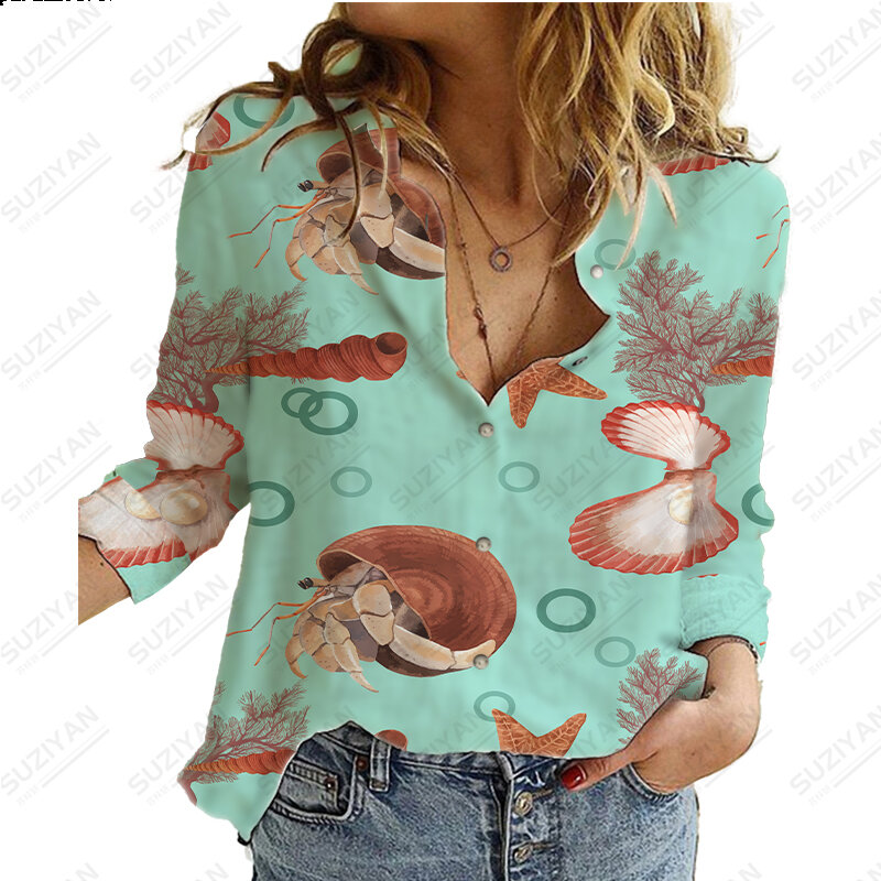 المرأة قميص Kawaii الفتيات المحيط الحيوان طباعة قميص علوي المرأة Y2k ملابس طويلة الأكمام قميص عطلة البلوز