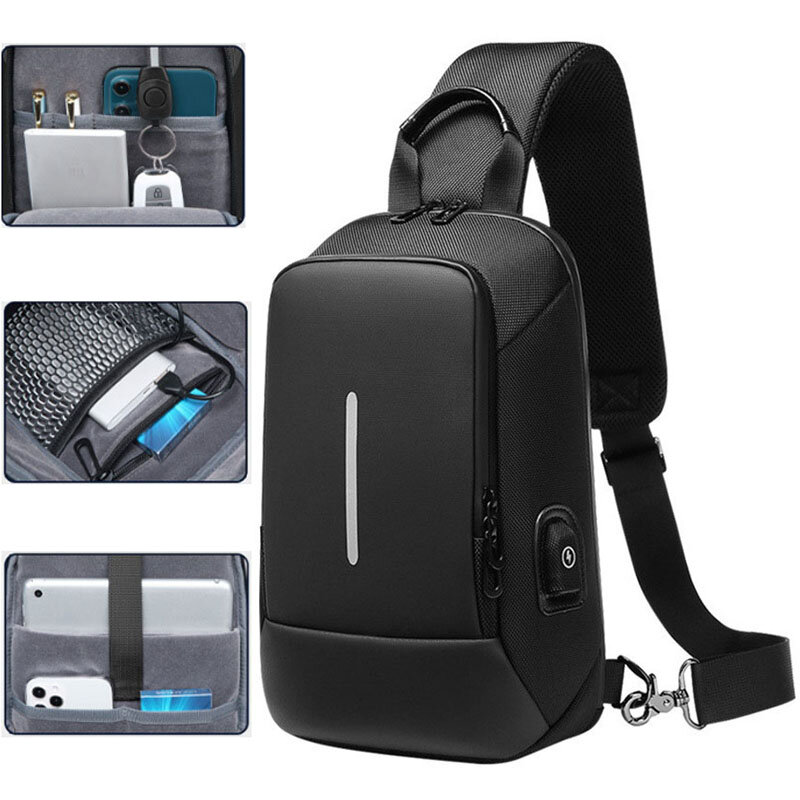 Men's Fashion Multifunction USB Shoulder Bag Pack Oxford Messenger Crossbody Sling Travel Chest Bag Pack For Male Women Female