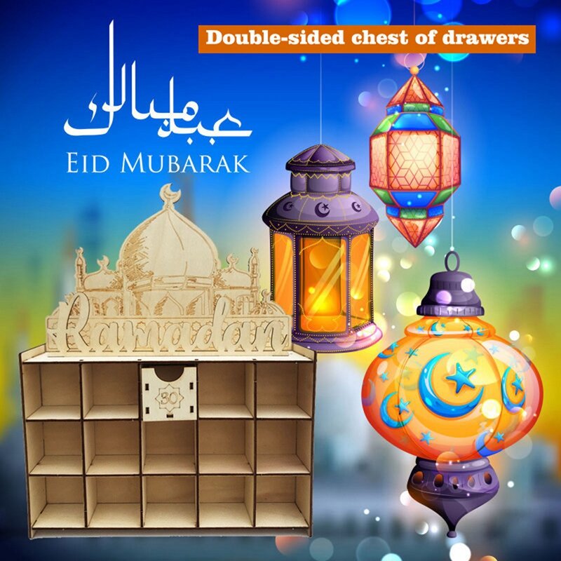 Houten Diy Moslim Countdown Kalender Paleis, Led Eid Mubarak Decoratie Decoratie