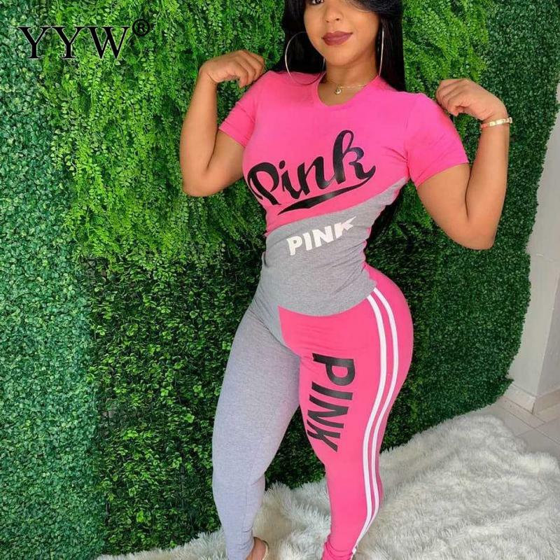 Pink Letter Print Sweatsuit Women Set Plus Size Set Short Sleeve Tops Skinny Pant Two Piece Tracksuit Summer Casual 2 Piece Set