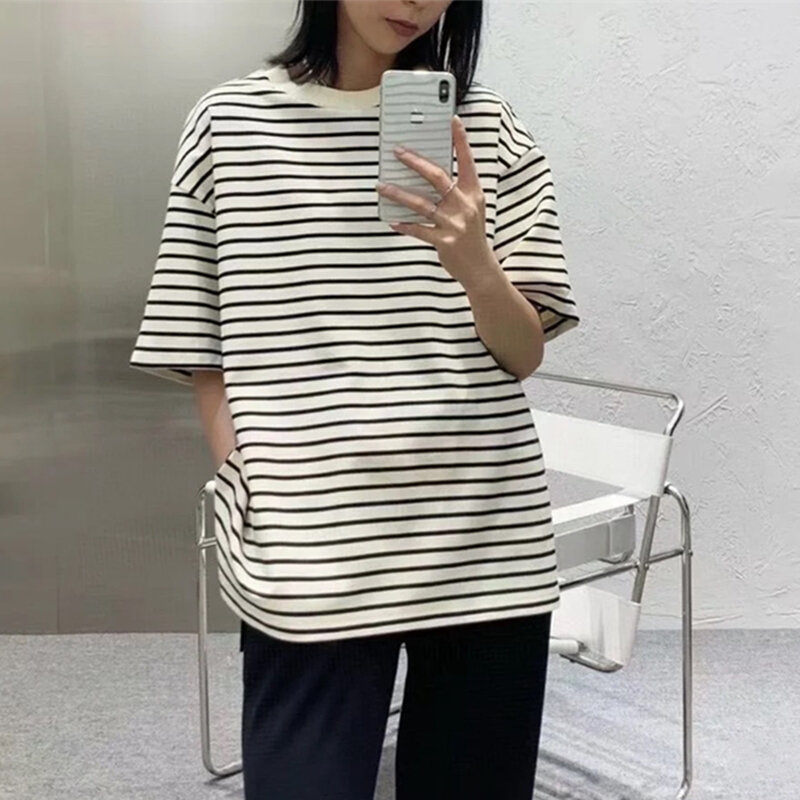 Camisetas a rayas de marca de lujo para mujer, ropa de algodón de manga corta de gran tamaño, Tops de cuello redondo, 2022