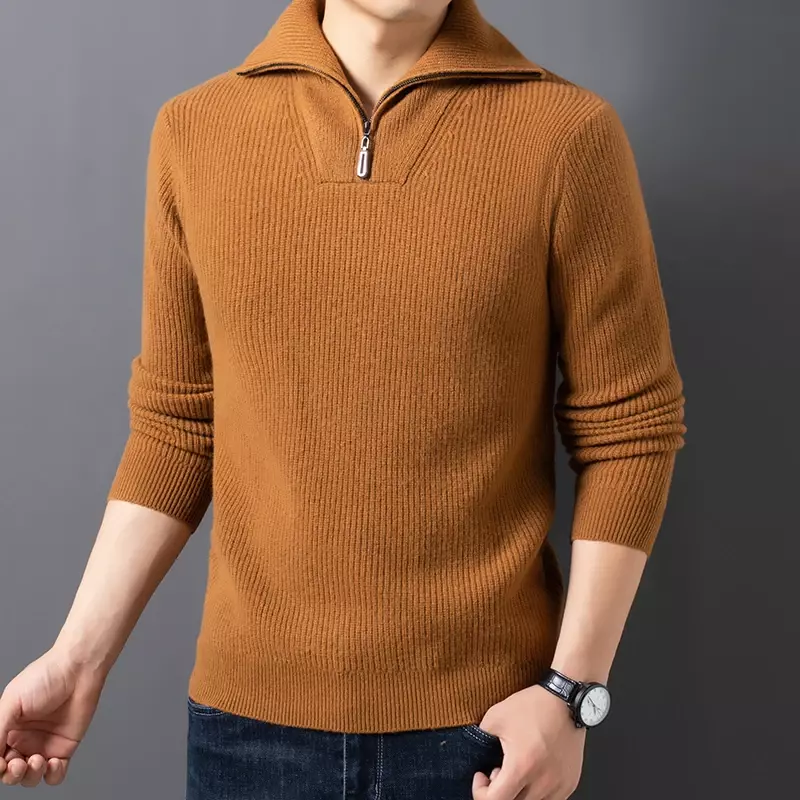 Suéter grueso de lana pura para hombre, suéter cálido de invierno con media cremallera y cuello levantado, Jacquard, tendencia de punto