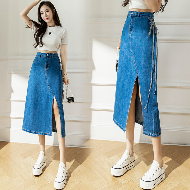 تنورة نسائية من Wisher & Tong من قماش الدنيم تنورة جينز عالية الخصر بفتحة جانبية عتيقة على الموضة الكورية تنورة طويلة زرقاء Jupe Longue صيف 2022