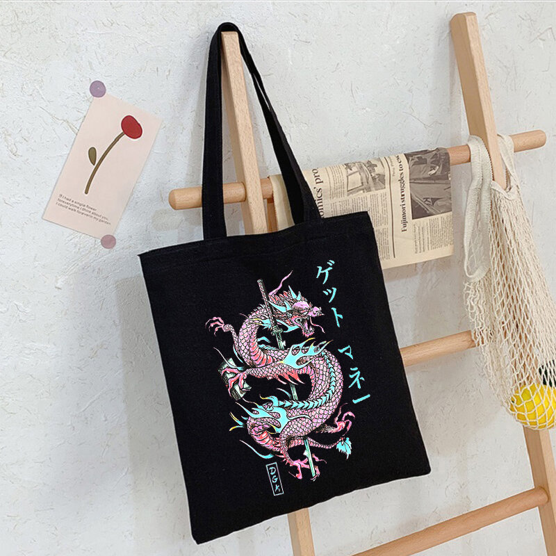 2022 китайская Холщовая Сумка с аниме-принтом дракона в стиле панк, шоппер в стиле Харадзюку, женская сумка большой вместимости, винтажная классическая сумка через плечо, сумка
