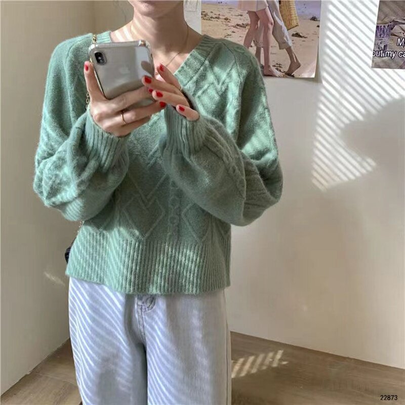 Женский вязаный пуловер с V-образным вырезом и длинным рукавом