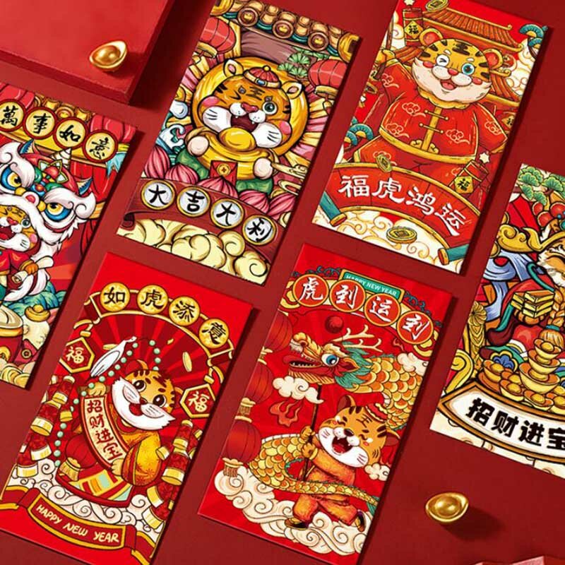 6個2022 hongbao紙レッド封筒ラッキーレッドパケットかわいいマネーバッグタイガースプリングフェスティバル用品中国新年