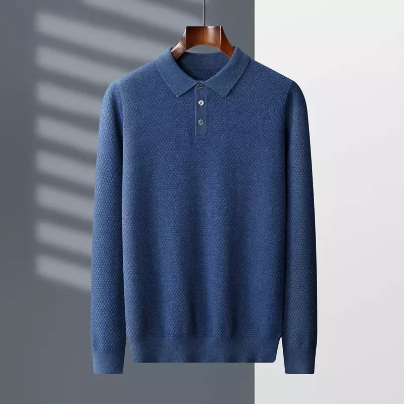 Camiseta de cachemira pura para hombre, Jersey de punto con solapa, manga larga, Polo de Color sólido, suéteres suaves y cálidos