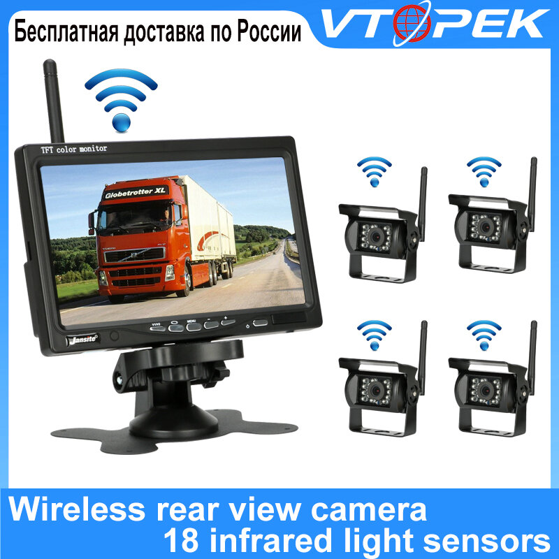 Vtopek-7 인치 자동차 모니터 디스플레이 무선 후방 보기 카메라 주차 시스템, 버스 자동차 밴 RV 트럭용 역방향 카메라 야간 투시경