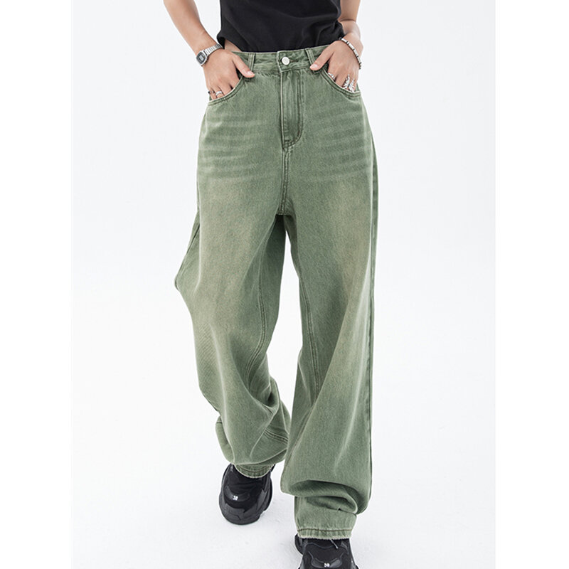 Vintage Green Women's Jeans Fashion Trousers Streetwear High Waist Wide Leg Summer Y2K Baggy Casual Straight Mom Denim Pants