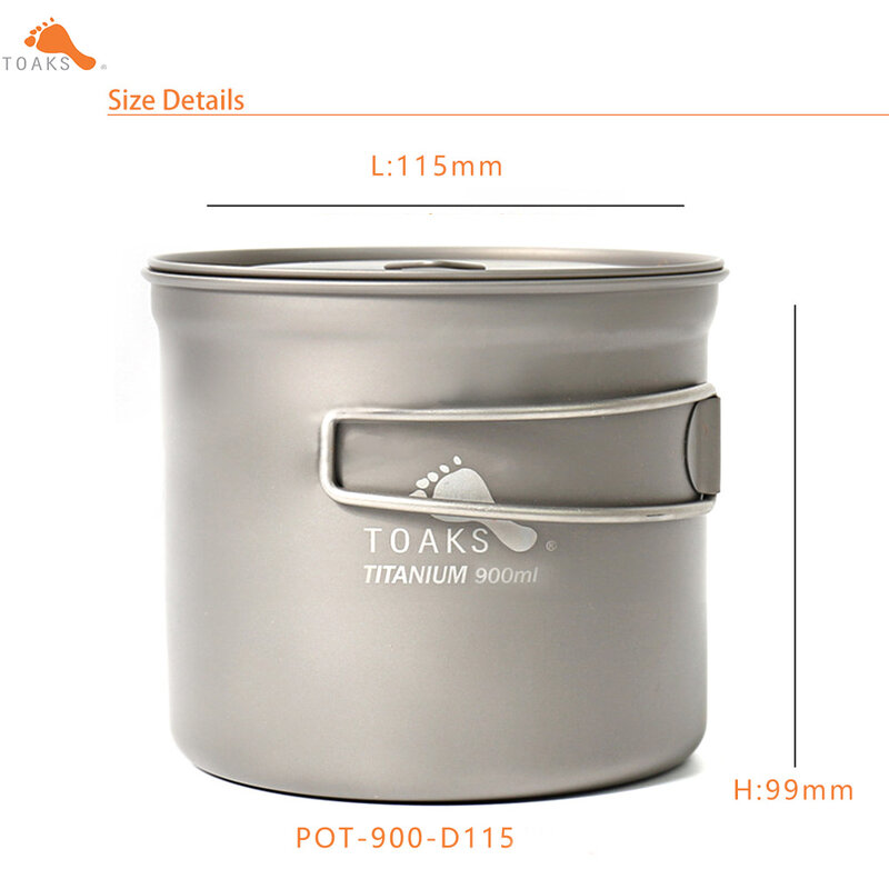 TOAKS – Pot en titane POT-900-D115 ultraléger avec couvercle et poignée repliée, équipement de Camping en plein air, tasse de 900ml, vaisselle de randonnée